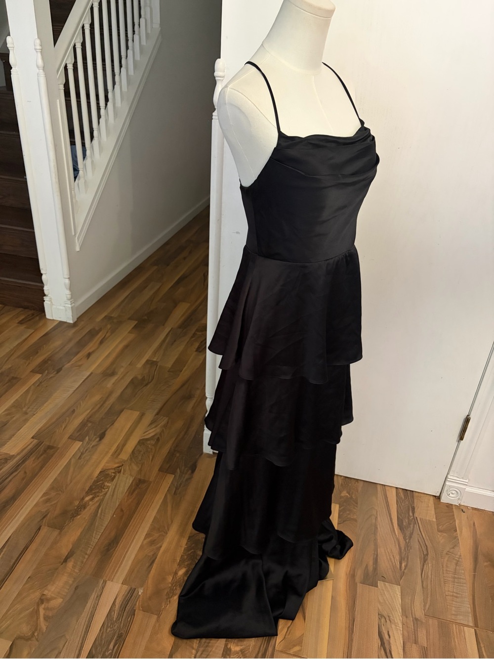 Formal Black Satin Tiered Maxi Dress Spaghetti, Open Back, Front Slit, Large EUC